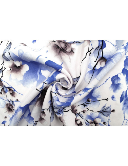 Tissu Popeline Viscose Imprimé Fleur Relief Bleu -Au Mètre