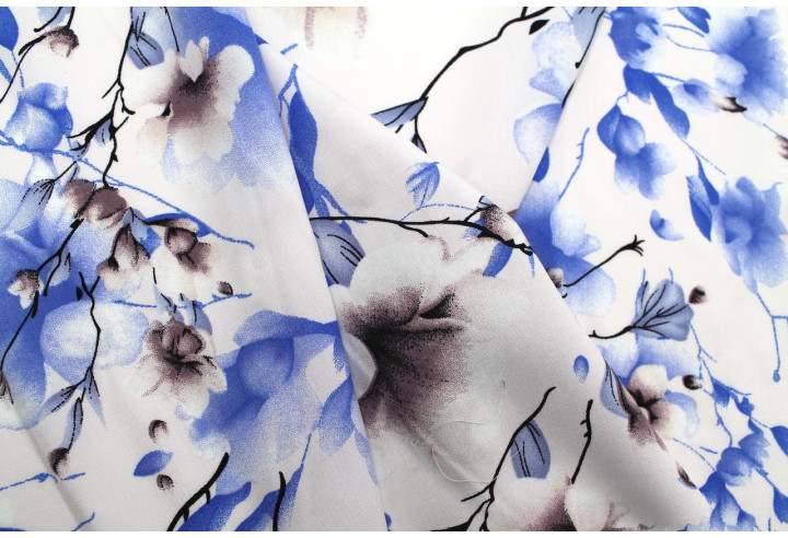 Tissu Popeline Viscose Imprimé Fleur Relief Bleu -Au Mètre