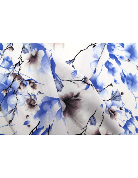 Tissu Popeline Viscose Imprimé Fleur Relief Bleu -Au Mètre
