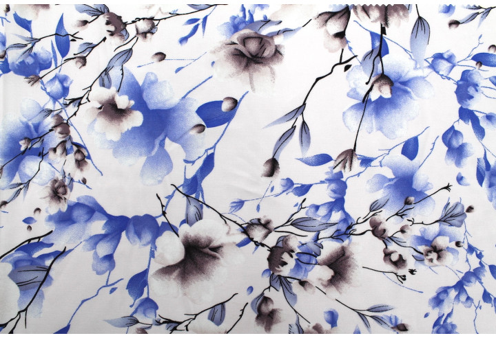 Tissu Popeline Viscose Imprimé Fleur Relief Bleu -Au Mètre