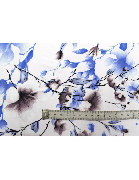 Tissu Popeline Viscose Imprimé Fleur Relief Bleu -Au Mètre