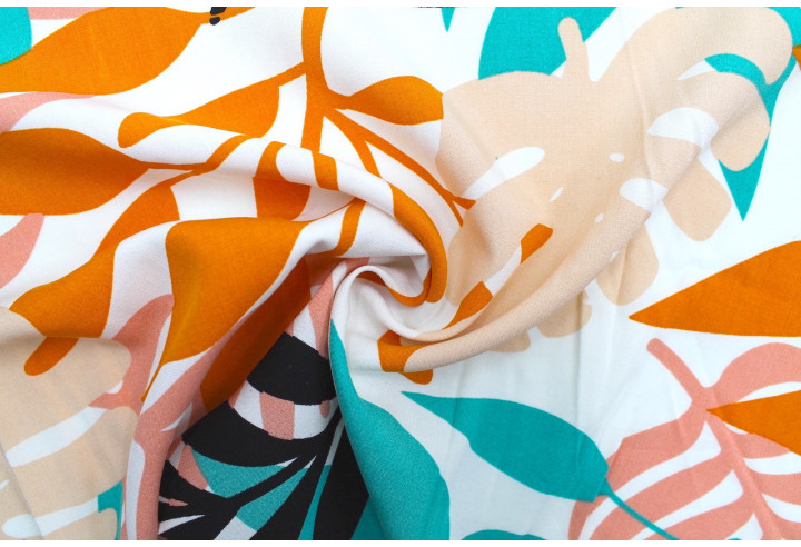 Tissu Popeline Viscose Imprimé Fleur Palmier Blanc -Au Mètre