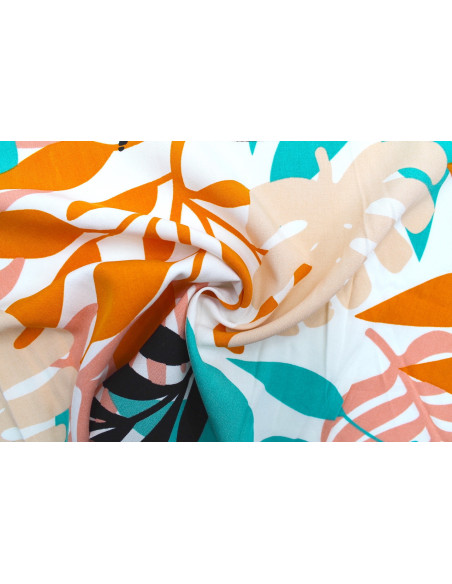 Tissu Popeline Viscose Imprimé Fleur Palmier Blanc -Au Mètre