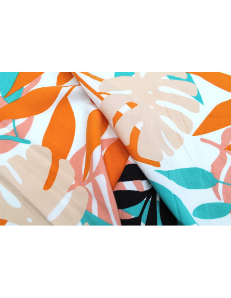 Tissu Popeline Viscose Imprimé Fleur Palmier Blanc -Au Mètre