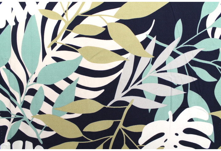 Tissu Popeline Viscose Imprimé Fleur Palmier Marine -Au Mètre
