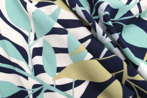 Tissu Popeline Viscose Imprimé Fleur Palmier Marine -Au Mètre 2