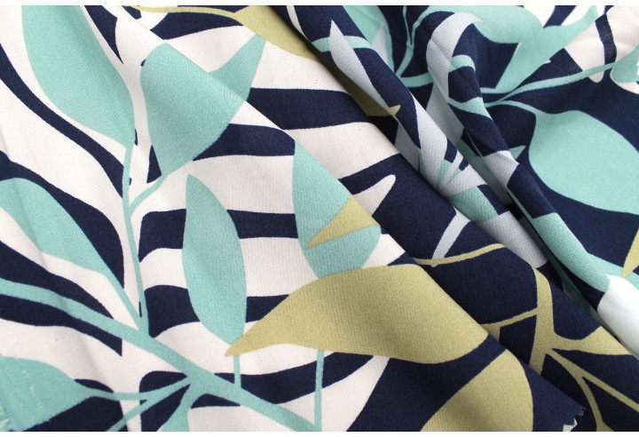 Tissu Popeline Viscose Imprimé Fleur Palmier Marine -Au Mètre