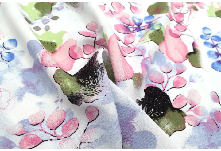 Tissu Popeline Viscose Imprimé Fleur d'Artiste Rose -Au Mètre