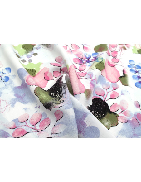 Tissu Popeline Viscose Imprimé Fleur d'Artiste Rose -Au Mètre