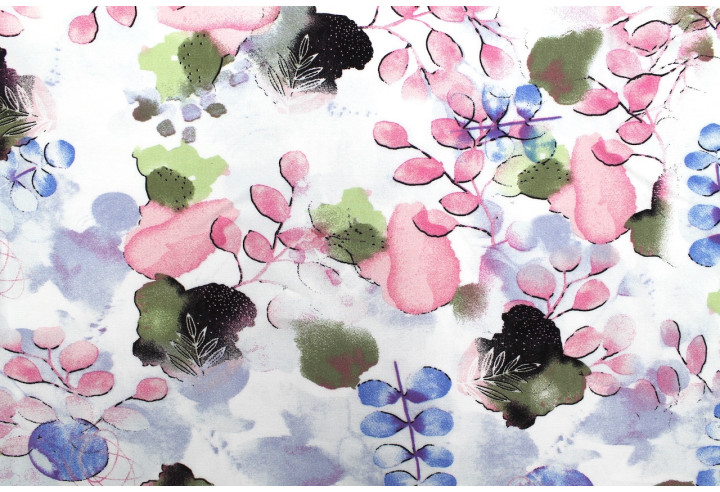 Tissu Popeline Viscose Imprimé Fleur d'Artiste Rose -Au Mètre
