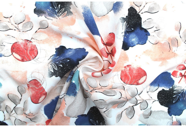 Tissu Popeline Viscose Imprimé Fleur d'Artiste Corail -Au Mètre