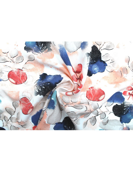 Tissu Popeline Viscose Imprimé Fleur d'Artiste Corail -Au Mètre