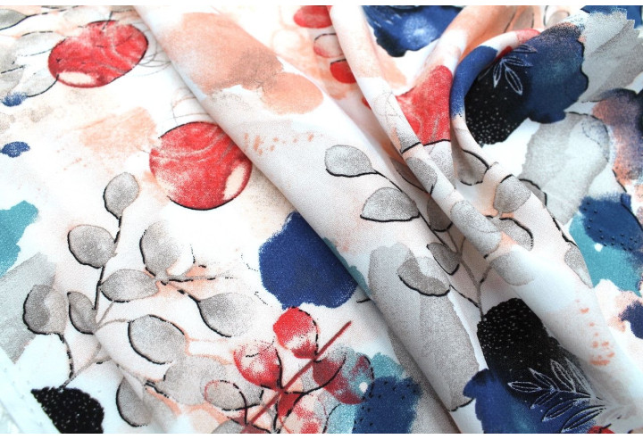 Tissu Popeline Viscose Imprimé Fleur d'Artiste Corail -Au Mètre