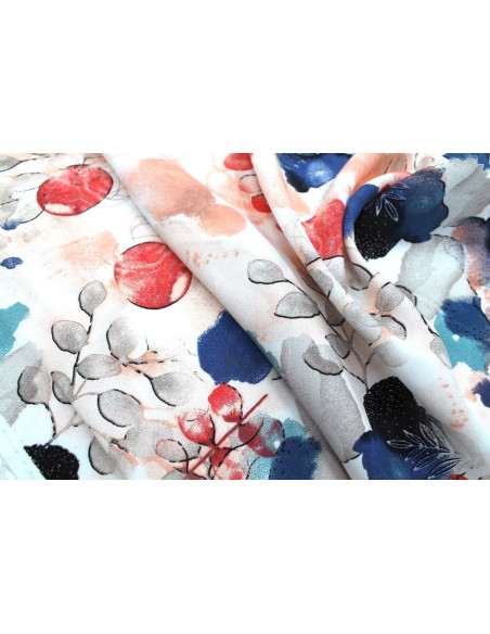 Tissu Popeline Viscose Imprimé Fleur d'Artiste Corail -Au Mètre