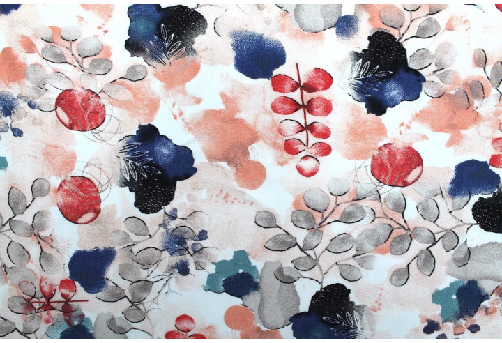 Tissu Popeline Viscose Imprimé Fleur d'Artiste Corail -Au Mètre