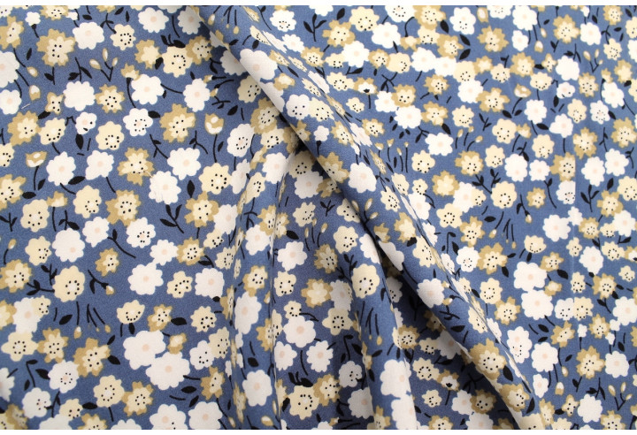 Tissu Popeline Viscose Imprimé Florasia Bleu Foncé -Au Mètre