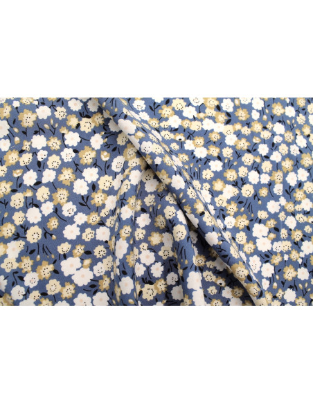 Tissu Popeline Viscose Imprimé Florasia Bleu Foncé -Au Mètre