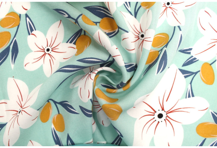 Tissu Popeline Viscose Imprimé Fleur Évy Menthe -Au Mètre