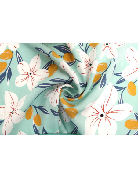 Tissu Popeline Viscose Imprimé Fleur Évy Menthe -Au Mètre