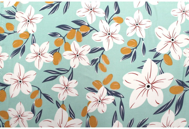 Tissu Popeline Viscose Imprimé Fleur Évy Menthe -Au Mètre
