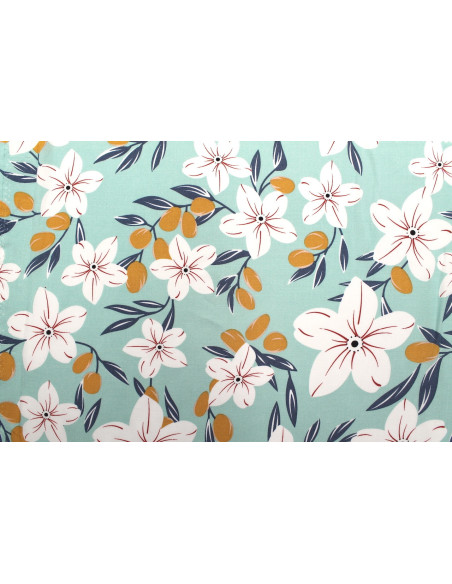 Tissu Popeline Viscose Imprimé Fleur Évy Menthe -Au Mètre
