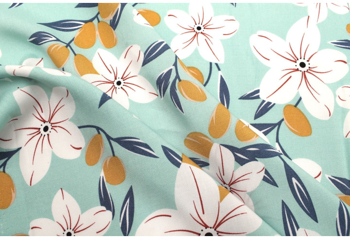 Tissu Popeline Viscose Imprimé Fleur Évy Menthe -Au Mètre