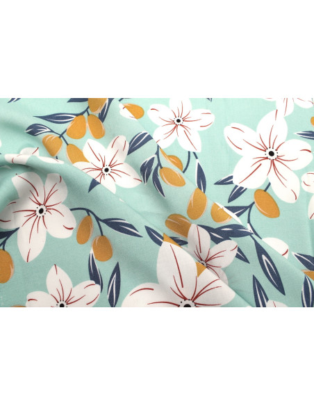 Tissu Popeline Viscose Imprimé Fleur Évy Menthe -Au Mètre