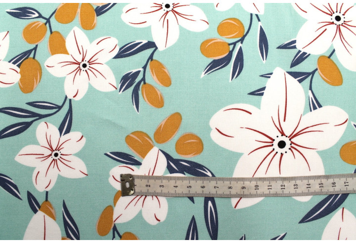 Tissu Popeline Viscose Imprimé Fleur Évy Menthe -Au Mètre
