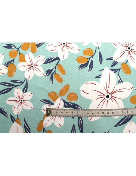 Tissu Popeline Viscose Imprimé Fleur Évy Menthe -Au Mètre