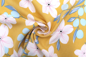 Tissu Popeline Viscose Imprimé Fleur Évy Moutarde -Au Mètre