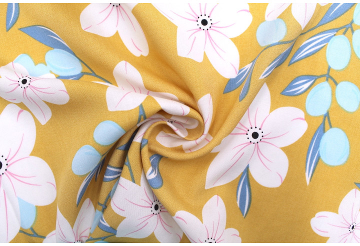 Tissu Popeline Viscose Imprimé Fleur Évy Moutarde -Au Mètre