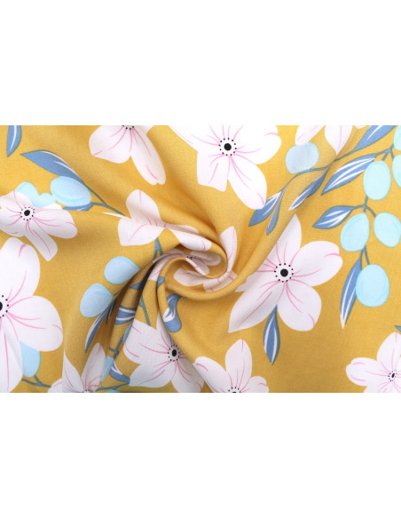 Tissu Popeline Viscose Imprimé Fleur Évy Moutarde -Au Mètre