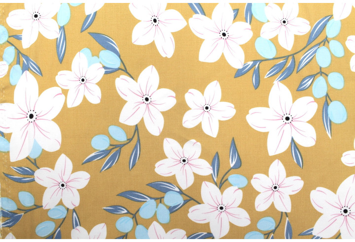 Tissu Popeline Viscose Imprimé Fleur Évy Moutarde -Au Mètre