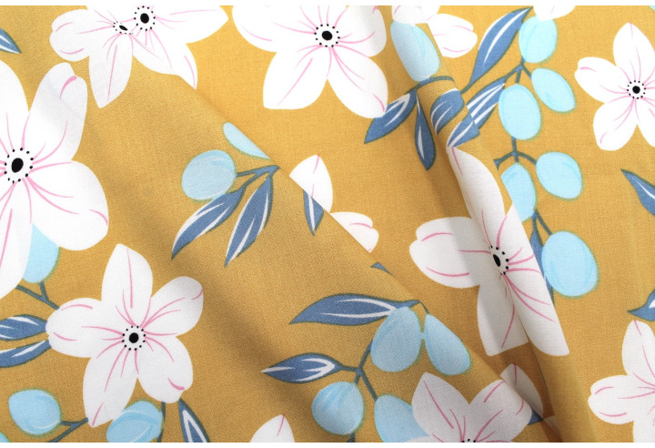 Tissu Popeline Viscose Imprimé Fleur Évy Moutarde -Au Mètre
