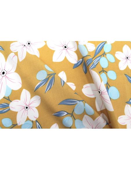 Tissu Popeline Viscose Imprimé Fleur Évy Moutarde -Au Mètre