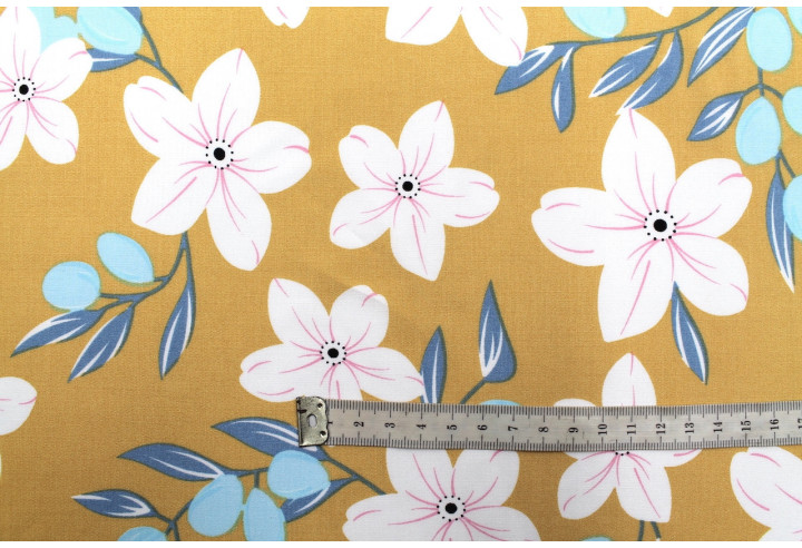 Tissu Popeline Viscose Imprimé Fleur Évy Moutarde -Au Mètre