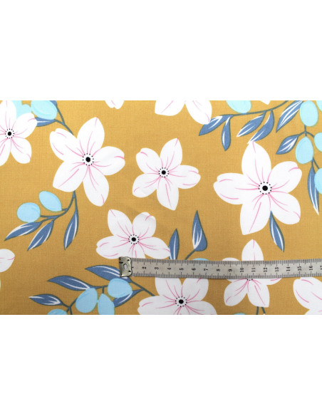Tissu Popeline Viscose Imprimé Fleur Évy Moutarde -Au Mètre