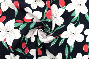 Tissu Popeline Viscose Imprimé Fleur Évy Marine -Au Mètre