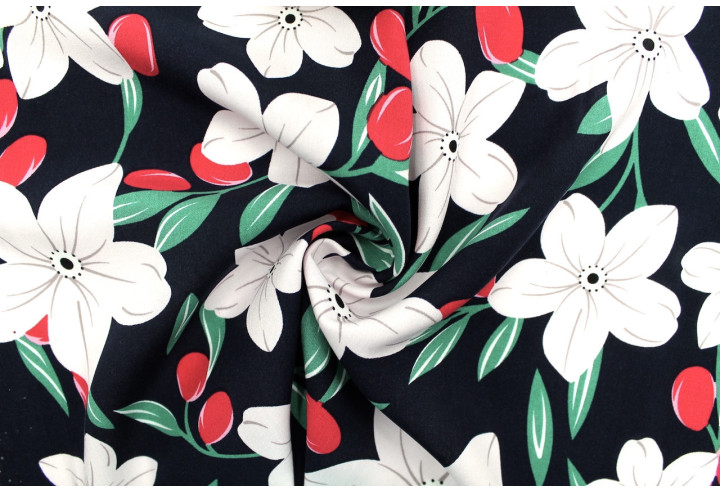 Tissu Popeline Viscose Imprimé Fleur Évy Marine -Au Mètre