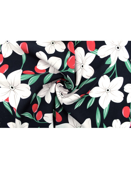 Tissu Popeline Viscose Imprimé Fleur Évy Marine -Au Mètre