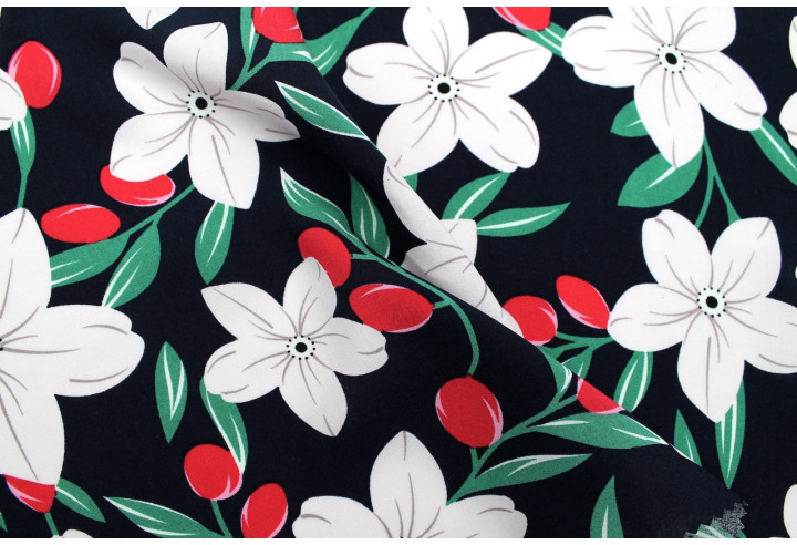 Tissu Popeline Viscose Imprimé Fleur Évy Marine -Au Mètre
