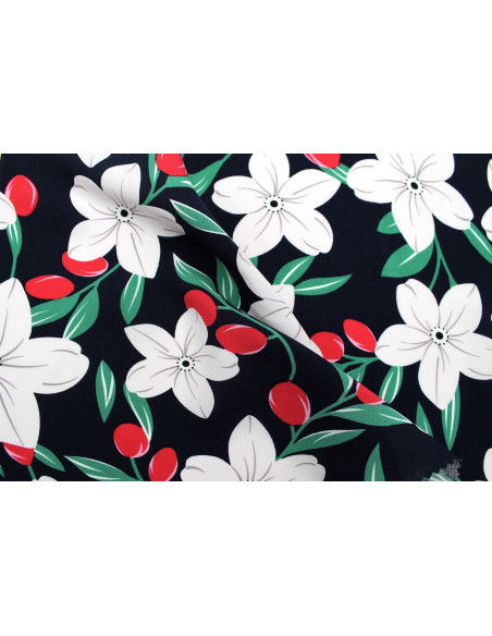 Tissu Popeline Viscose Imprimé Fleur Évy Marine -Au Mètre