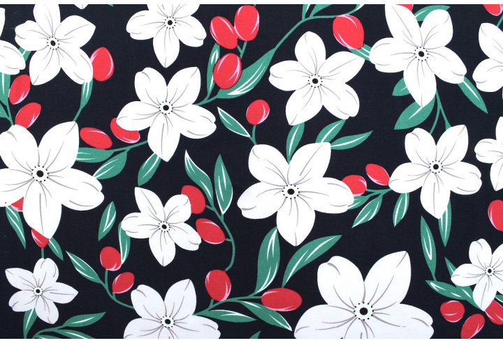 Tissu Popeline Viscose Imprimé Fleur Évy Marine -Au Mètre