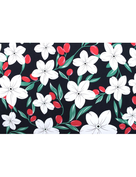 Tissu Popeline Viscose Imprimé Fleur Évy Marine -Au Mètre