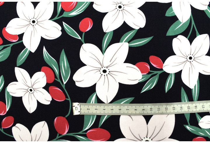 Tissu Popeline Viscose Imprimé Fleur Évy Marine -Au Mètre