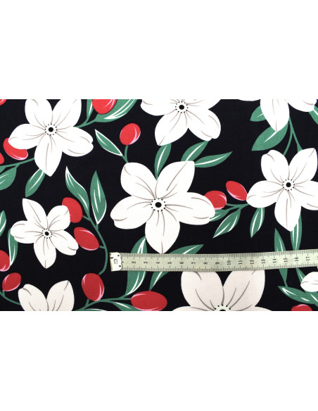 Tissu Popeline Viscose Imprimé Fleur Évy Marine -Au Mètre