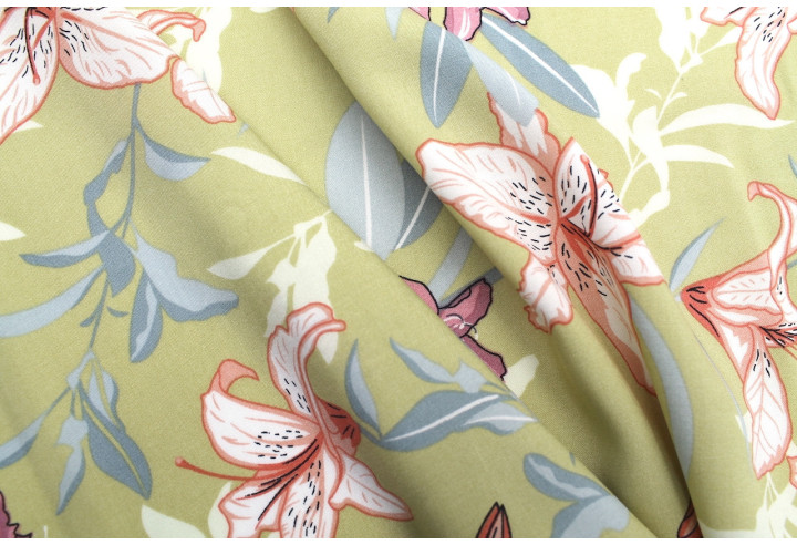 Tissu Popeline Viscose Imprimé Fleur Lysa Beige -Au Mètre