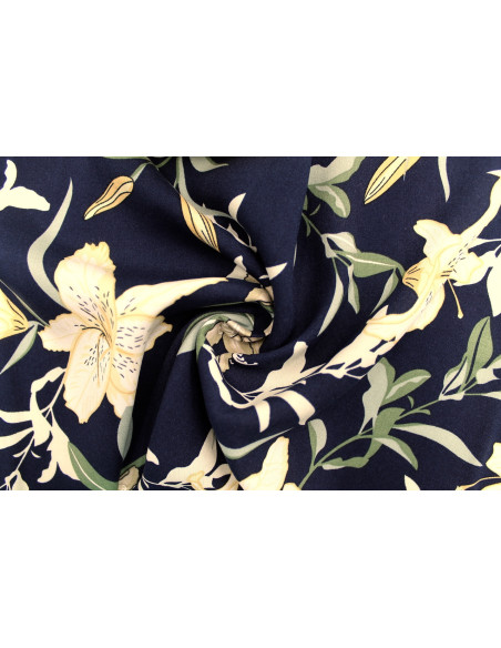 Tissu Popeline Viscose Imprimé Fleur Lysa Marine -Au Mètre