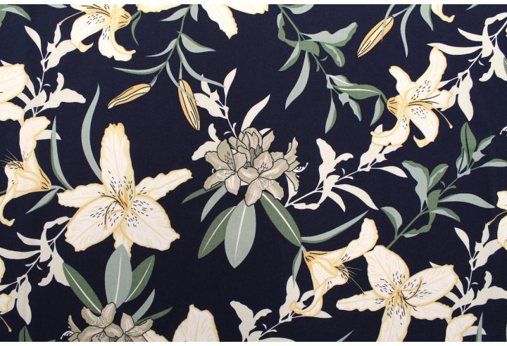 Tissu Popeline Viscose Imprimé Fleur Lysa Marine -Au Mètre