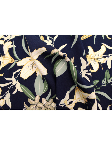 Tissu Popeline Viscose Imprimé Fleur Lysa Marine -Au Mètre